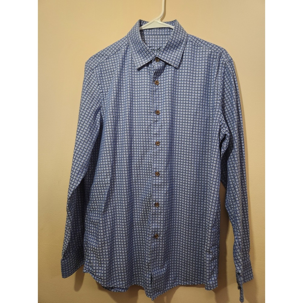 Tasso Elba Mens Blue Black Grid Pattern 100% Cotton Button‎ Down Shirt SZ Medium